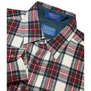 Pendleton Wool Flannel Plaid Shirt Mens L Red Green White Button Up Long Sleeve